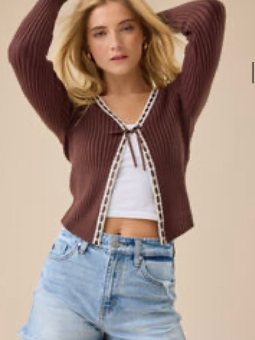 Altar'd State Brown Ribbed Tie-Front Cardigan with Contrast Trim